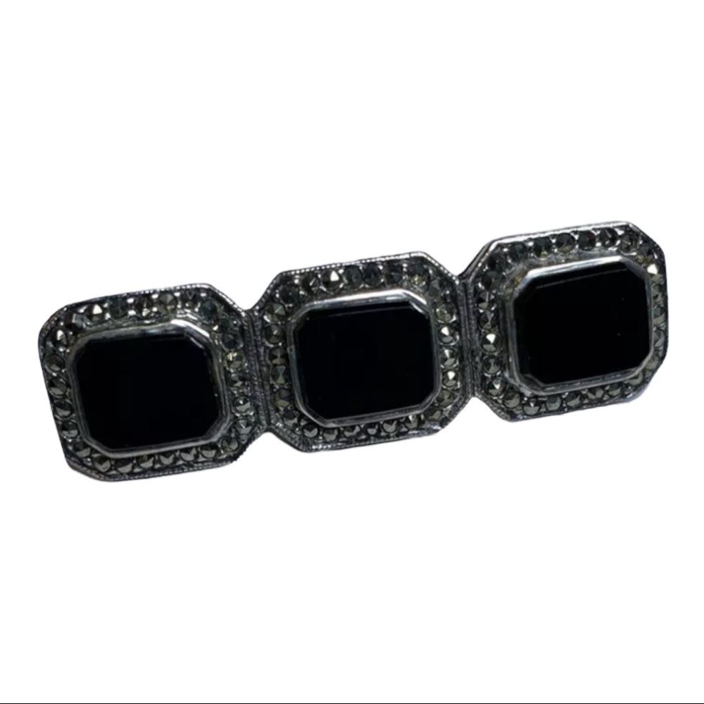 Ciro- Vintage Deco 925 Sterling Silver Black Onyx Marcasite Pin Brooch 10.3 Gram